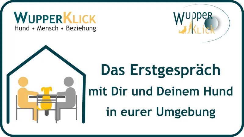 Icon: 2 Menschen mit Hund an einem Tisch Text: Das Erstgespräch mit Dir und Deinem Hund in eurer Umgebung